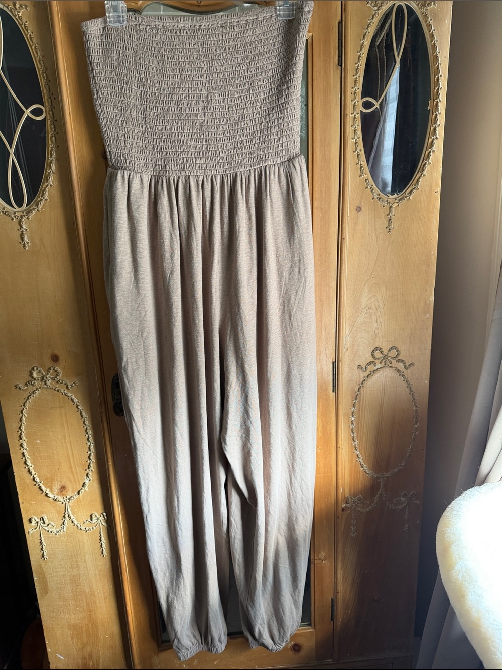 American Eagle Outfitters Strapless Smocked Jumpsuit in Taupe